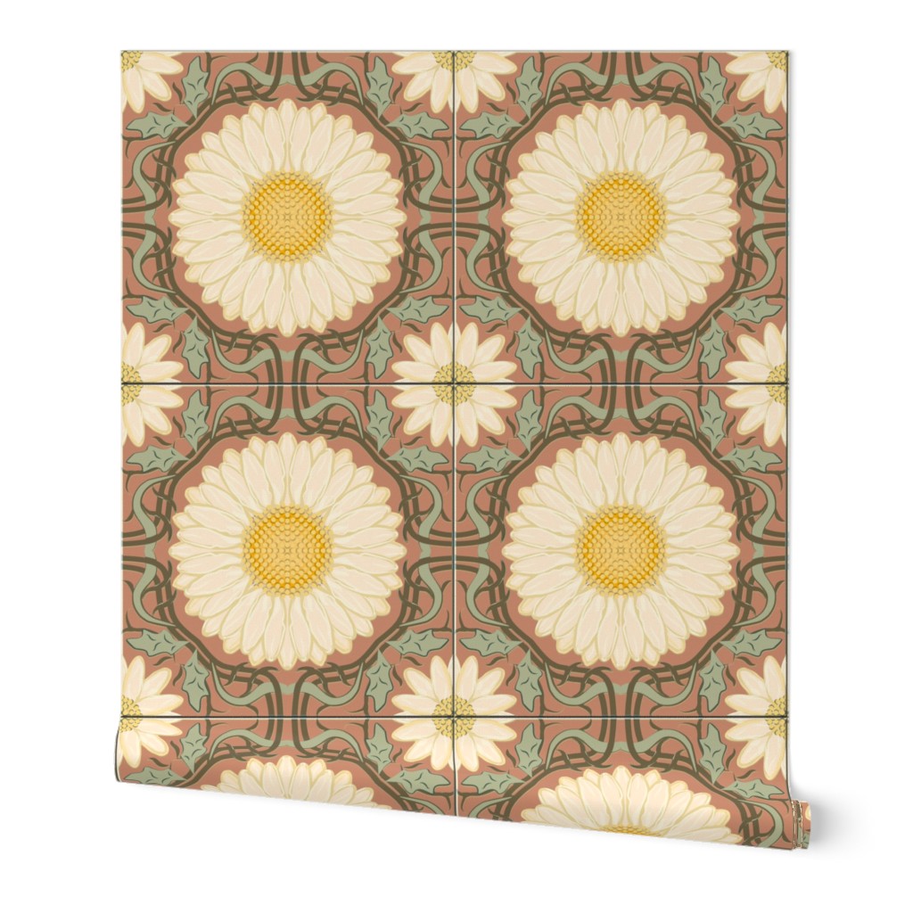 Cocoa Brown and Sage Green Spanish Floral Tile