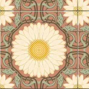 Cocoa Brown and Sage Green Spanish Floral Tile