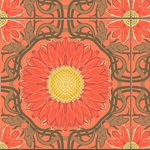 Coral Pinks and Cocoa Brown Spanish Floral Tile