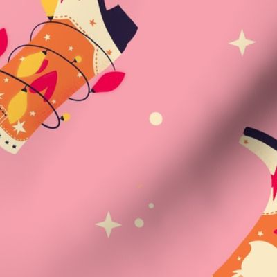 Orange cowboy boots with Santa Claus on pink background