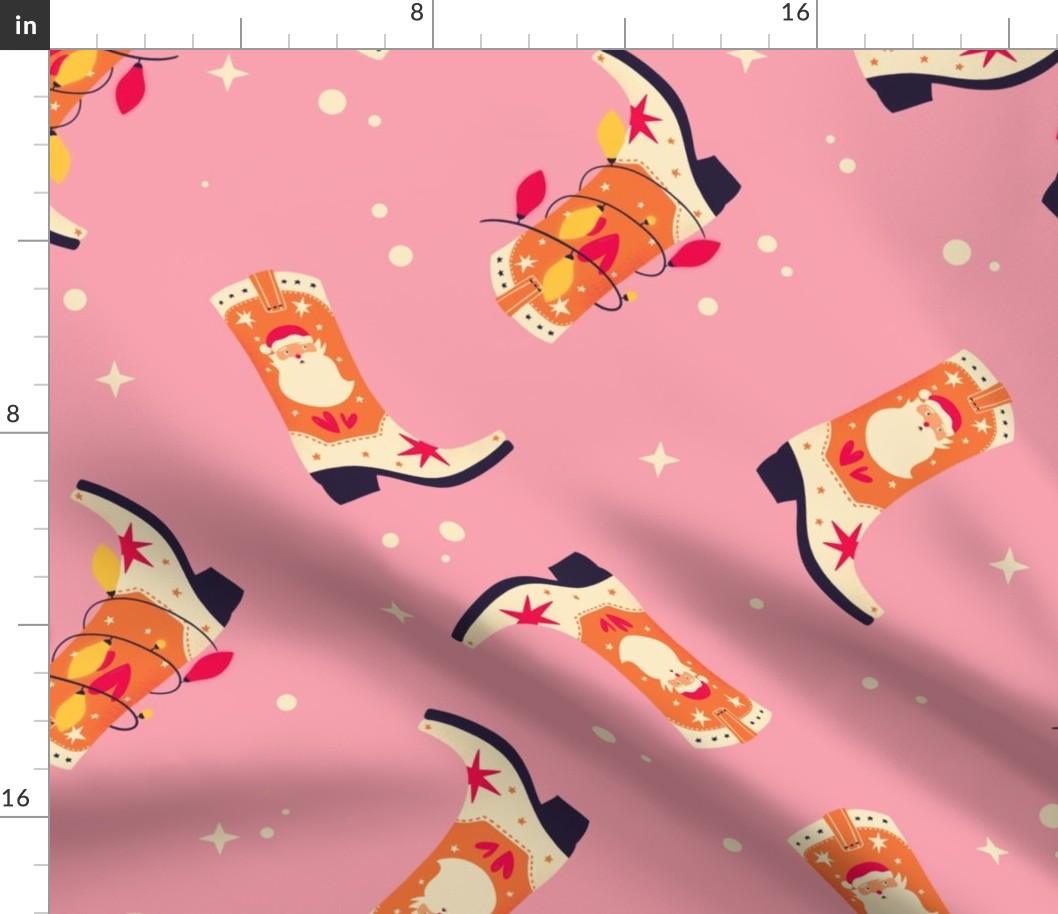 Orange cowboy boots with Santa Claus on pink background