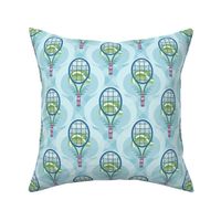 Court Sports Tennis Racket and Ball with Blue Diamond Shape Buffalo Check