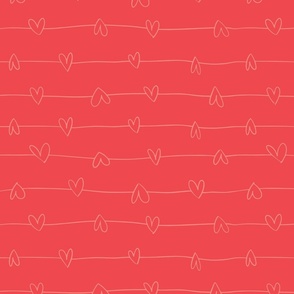 Hand drawn hearts on line stripes in dark and light pink red