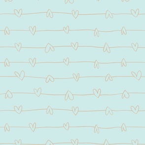 Hand drawn hearts on line stripes in light teal and light chocolate brown