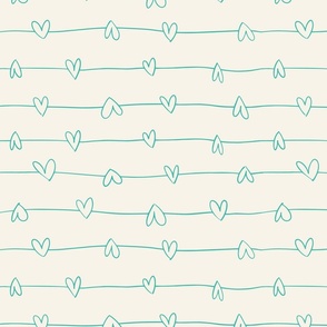 Hand drawn hearts on line stripes in teal and creme