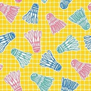 M - Badminton Shuttlecock Birdies and Sketched Wobbly Net Windowpane Grid in Colourful Sporty Yellow