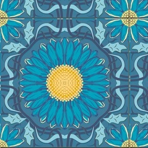 Turquoise Blue and Yellow Spanish Floral Tile