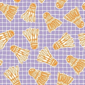 M - Badminton Shuttlecock Birdies and Sketched Wobbly Net Grid in Sporty Lilac Lavender Purple and Marigold Orange