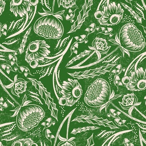 Scattered Wildflowers Block Print Pattern - Classic Green