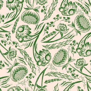 Scattered Wildflowers Block Print Pattern - Classic Green Reversed