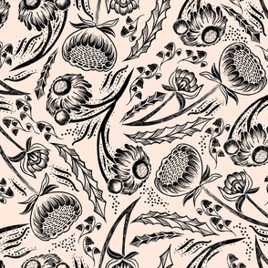 Scattered Wildflowers Block Print Pattern - Black Reversed