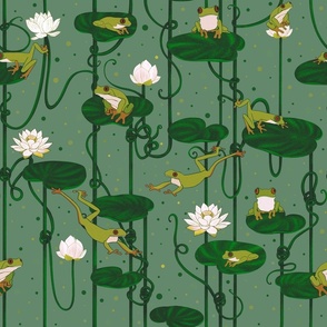 Frogs and water lilies. Light green tones version