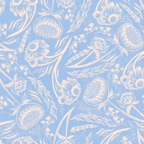 Scattered Wildflowers Block Print Pattern - Light Blue