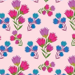 Hand painted Dark Pink and Blue Wildflowers on Pale Pink