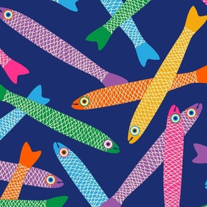 ANCHOVIES Bright Swimming Fish - Tossed Layout - Rainbow Colors Orange Yellow Pink Blue Green Purple on Royal Blue  - LARGE Scale - UnBlink Studio by Jackie Tahara