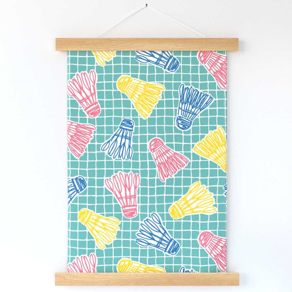 L - Colourful Badminton Shuttlecock Birdies and Sketched Wobbly Net Windowpane Grid in Sporty Teal Green with Yellow