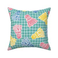L - Colourful Badminton Shuttlecock Birdies and Sketched Wobbly Net Windowpane Grid in Sporty Teal Green with Yellow