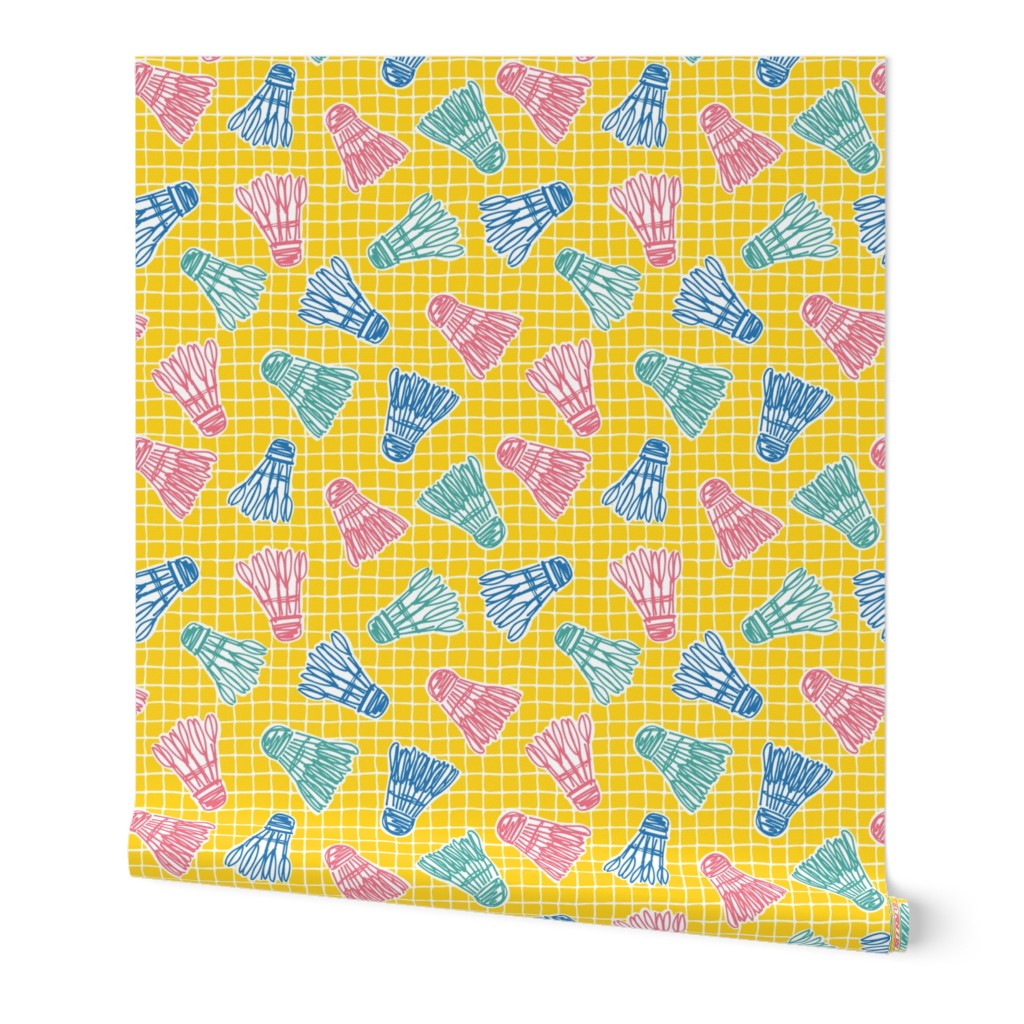 L - Badminton Shuttlecock Birdies and Sketched Wobbly Net Windowpane Grid in Colourful Sporty Yellow