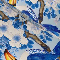 Blue and white chinoiserie toucan in the magnolia garden