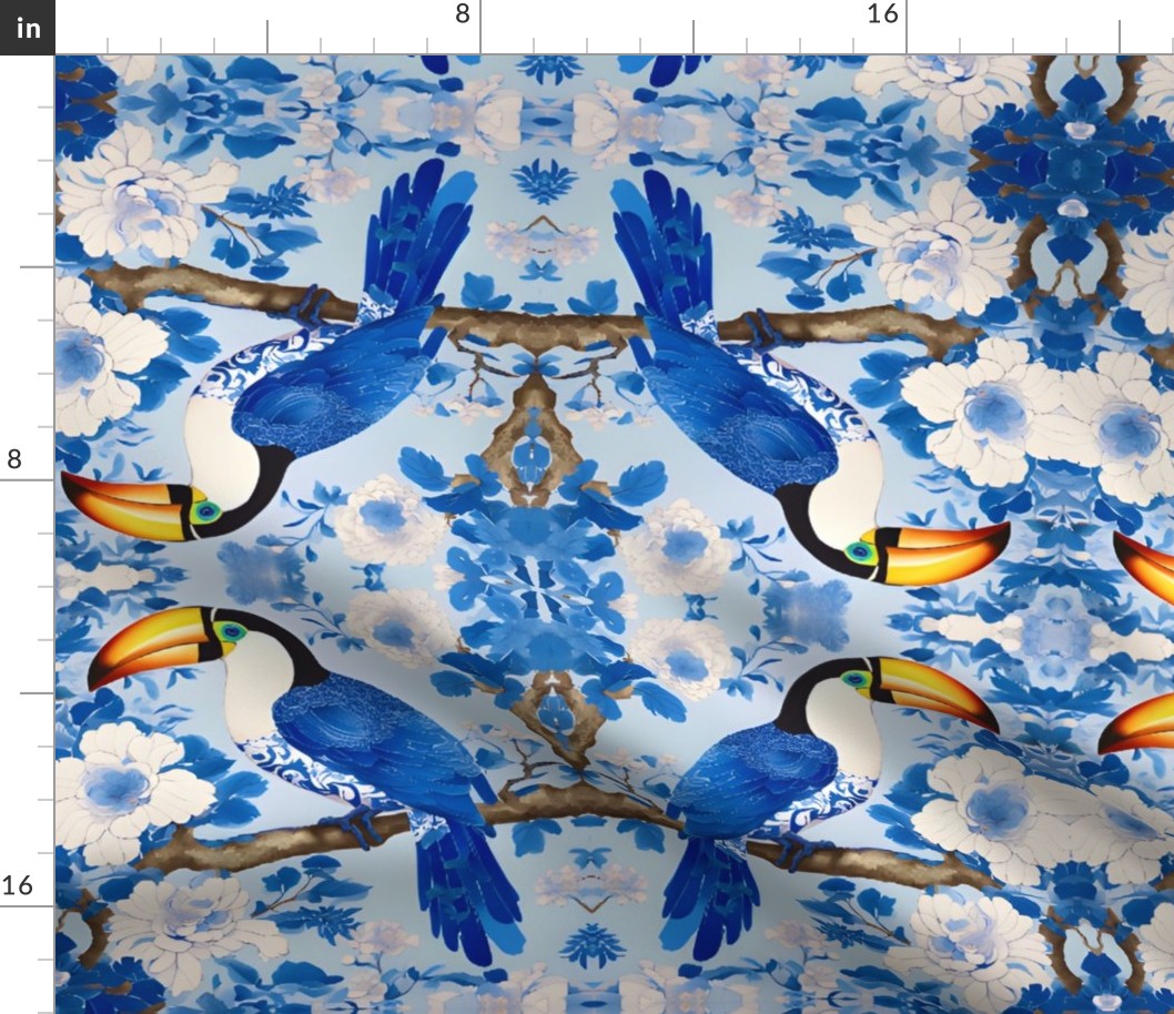 Blue and white chinoiserie toucan in the magnolia garden