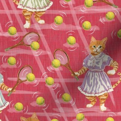 Tennis Coach Cat Pattern, Tennis Mom Cat Lover, Sweet Cat in a Tennis Dress, Animal Tennis Fabric on Crimson, Bright Red Nursery Cat Quilt