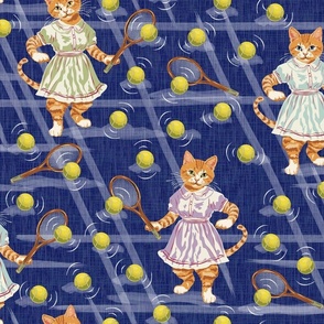 Cats Playing Tennis, Vintage Tennis Racket, Cat in a Vintage Tennis Dress, Kittens Wearing Vintage Sportswear on Dark Royal Blue