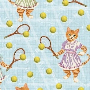 Tennis Lover Tennis Pattern, Cat Owner Gift Bedding, Cat Owner Quilt, Playful Kitty Cats, Orange Cats for Cat Lady Pet Owner, Sweet Kitties Cats Tennis on Blue