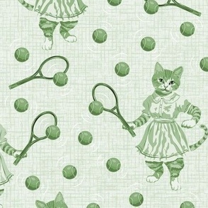 Sweet Kittens, Monochrome Green Sportswear, Light Green Girl Cat Playing Tennis, Green on White Girl Cat Lover Gift, Pale Green White  Toile 