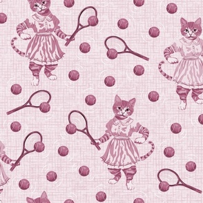 Mad Sporty Cats, Cat Owner, Monochrome Pink Toile, Cat in Pink Tennis Dress, Little Girls Pink Sportswear Pattern