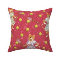 Funny Cats, Weird Cats, Cats for Kids Bedroom, Cats on Tennis Court, Girl Nursery Theme on Crimson Red Lemon Yellow