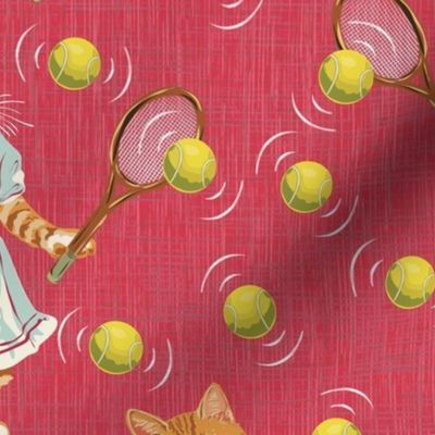 Funny Cats, Weird Cats, Cats for Kids Bedroom, Cats on Tennis Court, Girl Nursery Theme on Crimson Red Lemon Yellow