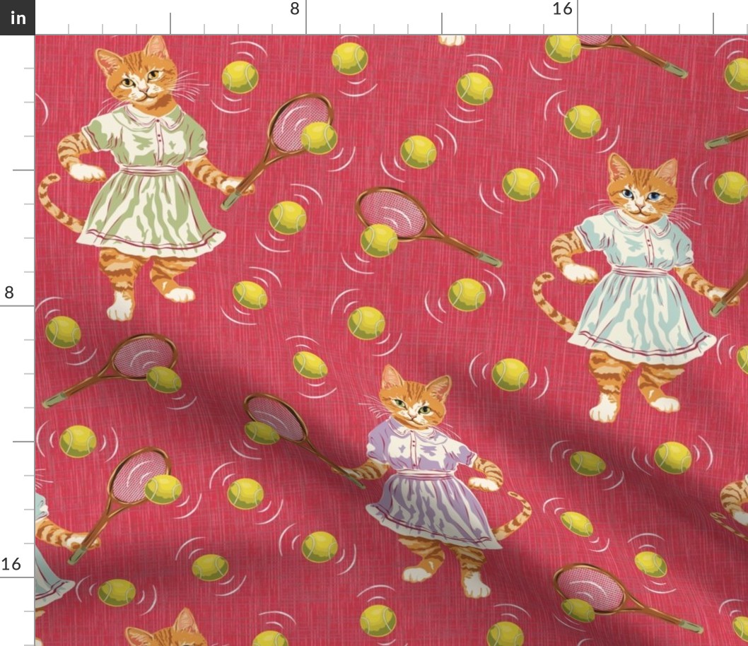 Funny Cats, Weird Cats, Cats for Kids Bedroom, Cats on Tennis Court, Girl Nursery Theme on Crimson Red Lemon Yellow