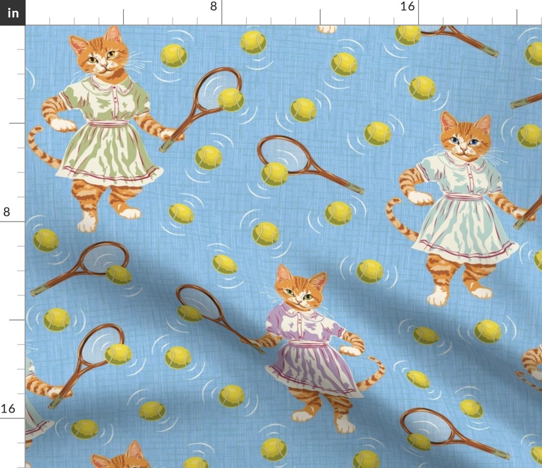 Mad Sporty Cats, Cat Owner Tennis Racquet Pattern, Blue and Yellow Vintage Cat Art, Vintage Animal Drawing of Cats Playing Tennis on Baby Blue