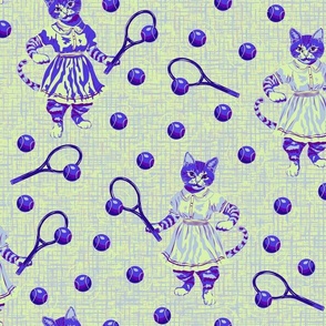 Crazy Cat Mom, Purple and Green Felines, Cute Pussy Cats, Polka Dot Cat Design, Surrealist Cats Playing Sports, Kids Surrealism Animal Pattern on Linen Texture 