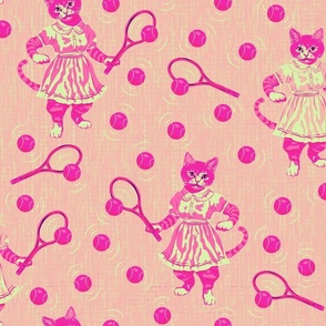 Neon Pink Cats Childrens Decor, Pink Cat Pattern, Pink Hand Drawn Cats, Childrens Cats Playing Tennis, Vintage Retro Kitsch, Polka Dot Comic Book Kitten, Heritage Cat Tennis Player Design, Funny Cat Playing Tennis, Quirky Cat Tennis Player Feature Wall Ar