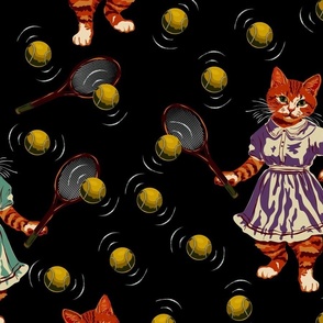 Humorous Vintage Cats, Vintage Animal Drawing, Crazy Cat Lady Humorous Kittens Playing Court Sport, Cat Mom Pussy Cats, Vintage Sports Dress, Kids Retro Green Lilac Turquoise Sportswear