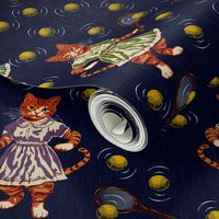 Dark Blue Vintage Retro Kitsch Cat Playing Tennis, Sporty Cats Playing Racket Games, Comic Book Feline Friends, Cat Blanket, Cat Bedding, Animated Cartoon, Nursery Rhymes, Louis Wain Style Character Cat Drawings