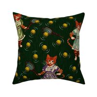 Playful Vintage Green Yellow Pussy Cats, Whimsical Cats Playing Tennis, Unusual Ginger Cat, Tennis Raquet Ball Game, Fairy Tales, Childrens Comic Book Bedroom Decor