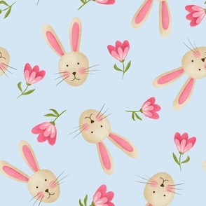 Little bunny with tulip flowers - pink, green and blue