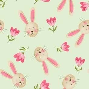 Little bunny with tulip flowers - pink and green