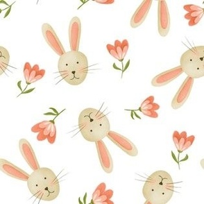 Little bunny with tulip flowers - pink, green and white