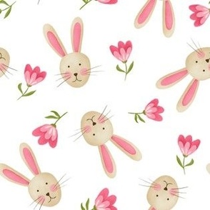 Little bunny with tulip flowers - pink, green and white