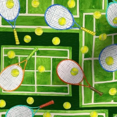 Tennis Love, Tennis Racquets and Balls on Tennis Courts, Hand Painted Watercolor, Large Scale
