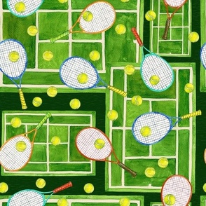 Tennis Love, Tennis Racquets and Balls on Tennis Courts, Hand Painted Watercolor, Large Scale