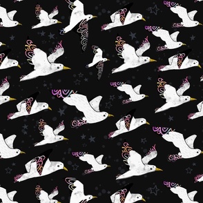 Flock | Midnight Flight | Black Sky Seagulls Rainbow Stars
