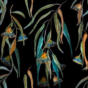 Medium Teal and Black  Eucalyptus Leaves / Floral / Watercolor / Gold