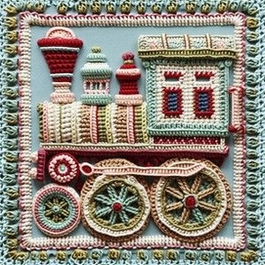 Whimsical Colorful Fantasy Magic Crochet Train / Fabric / Wallpaper / Home Decor / Upholstery / Clothing