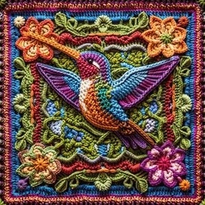 Beautiful Colorful Crochet Hummingbird & Flowers