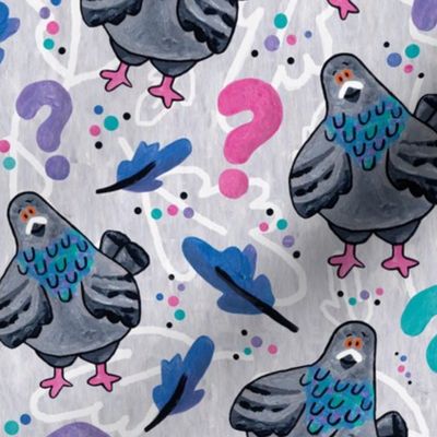 Confused Hand-Painted Pigeon with Gray Background and Colorful Feathers
