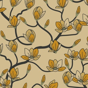 Arboretum- Yellow Magnolia Floral- Tan- Large Scale